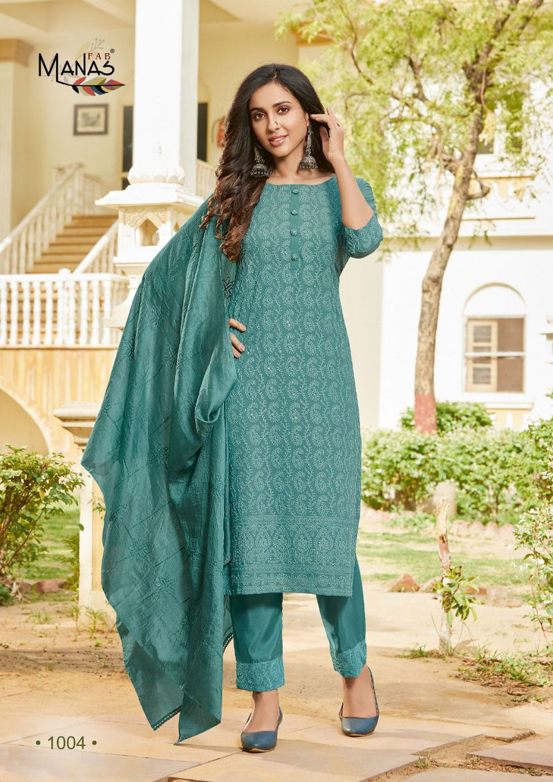 Manas Fab Mango Schiffli Georgette Fancy Designer Party Wear Kurtis With Bottom & Dupatta