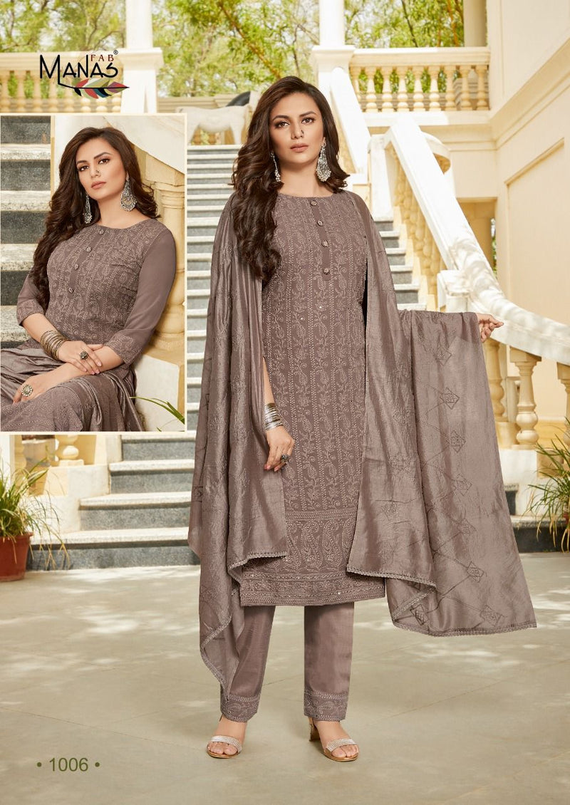 Manas Fab Mango Schiffli Georgette Fancy Designer Party Wear Kurtis With Bottom & Dupatta
