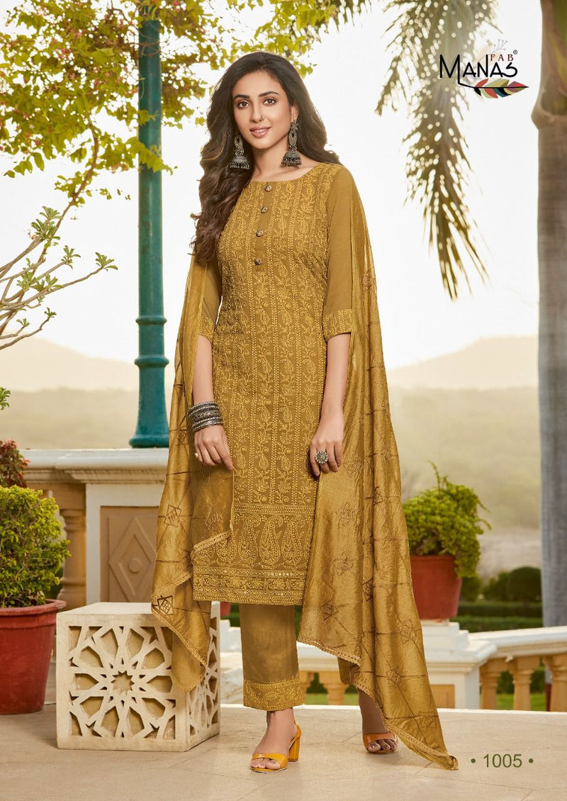 Manas Fab Mango Schiffli Georgette Fancy Designer Party Wear Kurtis With Bottom & Dupatta
