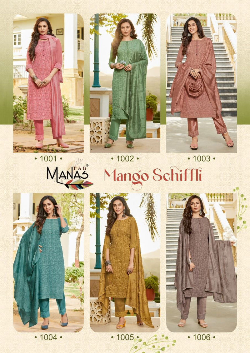 Manas Fab Mango Schiffli Georgette Fancy Designer Party Wear Kurtis With Bottom & Dupatta