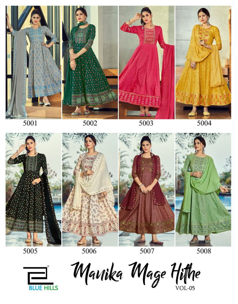 Blue Hills Manika Mage Hithe Vol 5 Rayon Fancy Stylish Long Gown Type Party Wear Kurtis