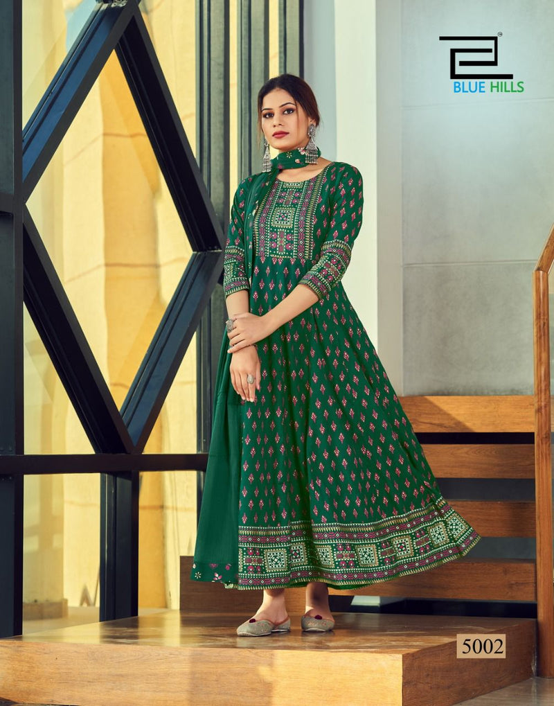 Blue Hills Manika Mage Hithe Vol 5 Rayon Fancy Stylish Long Gown Type Party Wear Kurtis