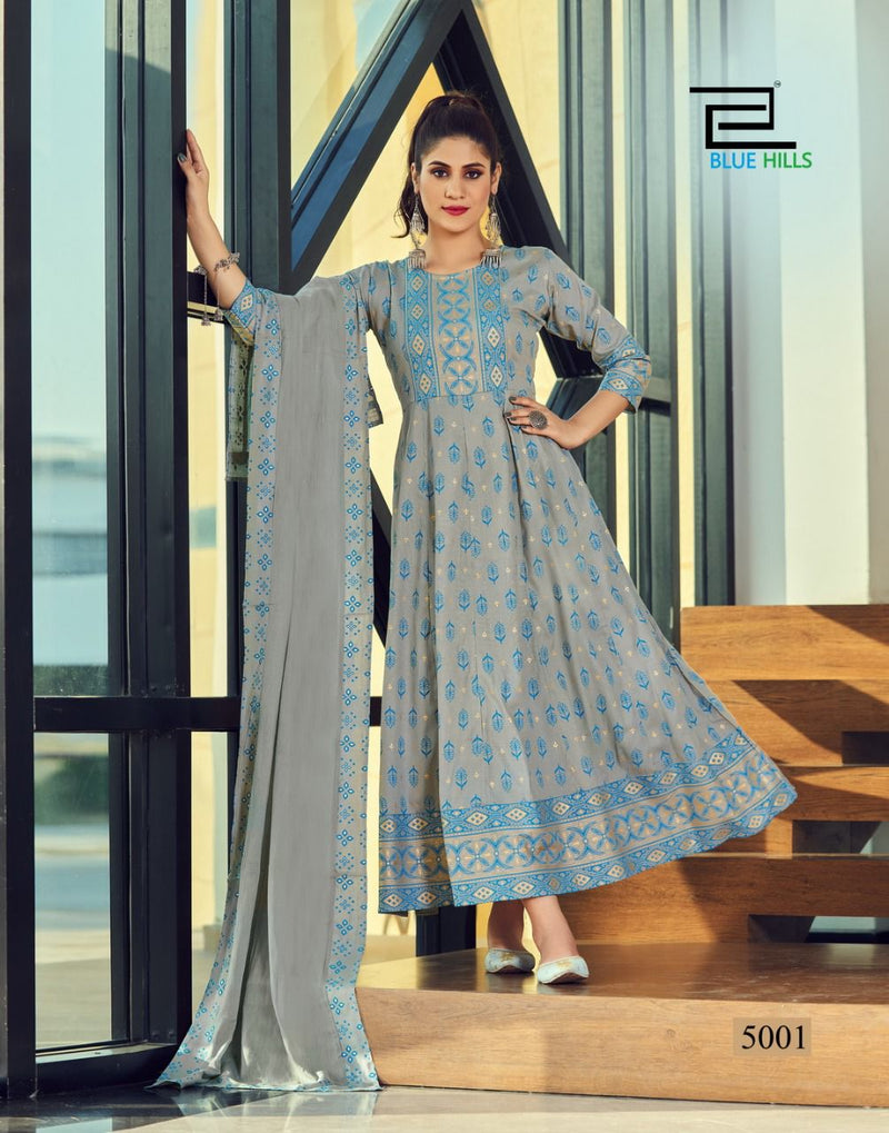 Blue Hills Manika Mage Hithe Vol 5 Rayon Fancy Stylish Long Gown Type Party Wear Kurtis