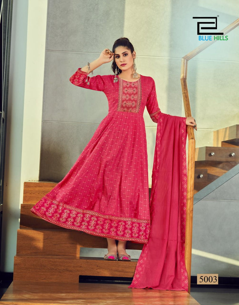 Blue Hills Manika Mage Hithe Vol 5 Rayon Fancy Stylish Long Gown Type Party Wear Kurtis
