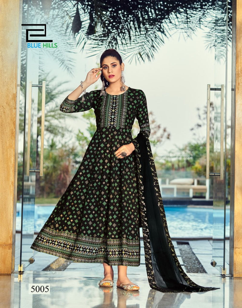 Blue Hills Manika Mage Hithe Vol 5 Rayon Fancy Stylish Long Gown Type Party Wear Kurtis