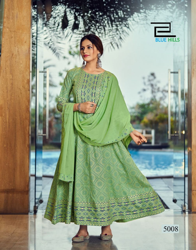 Blue Hills Manika Mage Hithe Vol 5 Rayon Fancy Stylish Long Gown Type Party Wear Kurtis