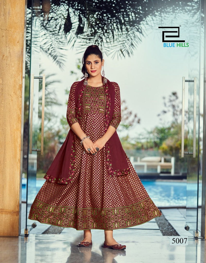 Blue Hills Manika Mage Hithe Vol 5 Rayon Fancy Stylish Long Gown Type Party Wear Kurtis