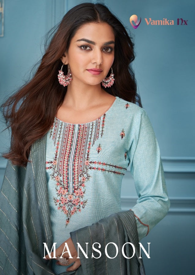 Vamika NX Mansoon Cotton Embroidered Festive Wear Kurtis With Bottom & Dupatta