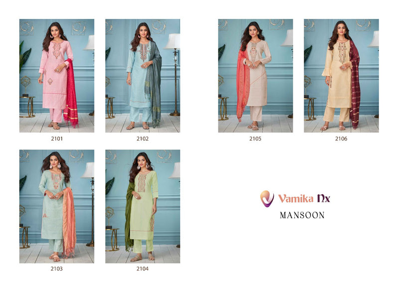 Vamika NX Mansoon Cotton Embroidered Festive Wear Kurtis With Bottom & Dupatta