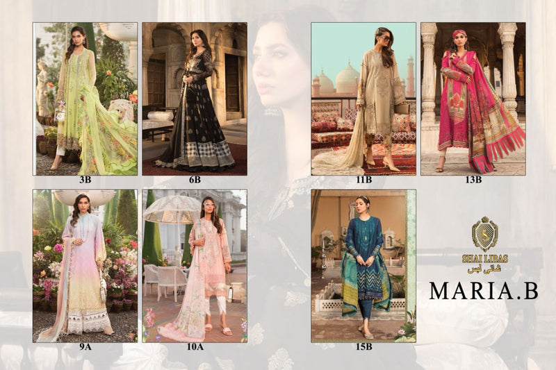 Shai Libaas Maria B Luxury Lawn Collection Cambric Cotton Pakistani Style Embroidered Party Wear Salwar Suits