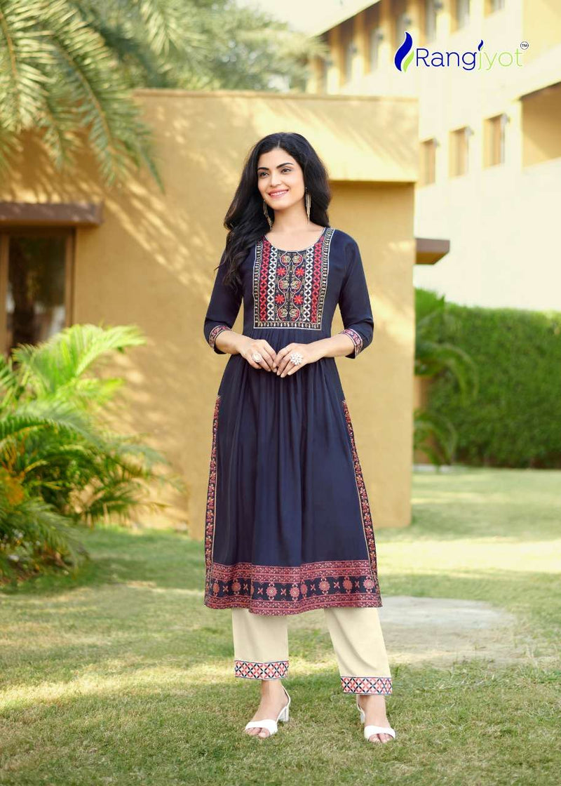Rangjyot Maria Vol 2 Rayon Stylish Fancy Wear Kurtis With Bottom