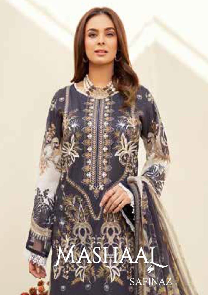 Safeenaz Mashaal Lawn Cotton Embroidered Pakistani Style Party Wear Salwar Suits