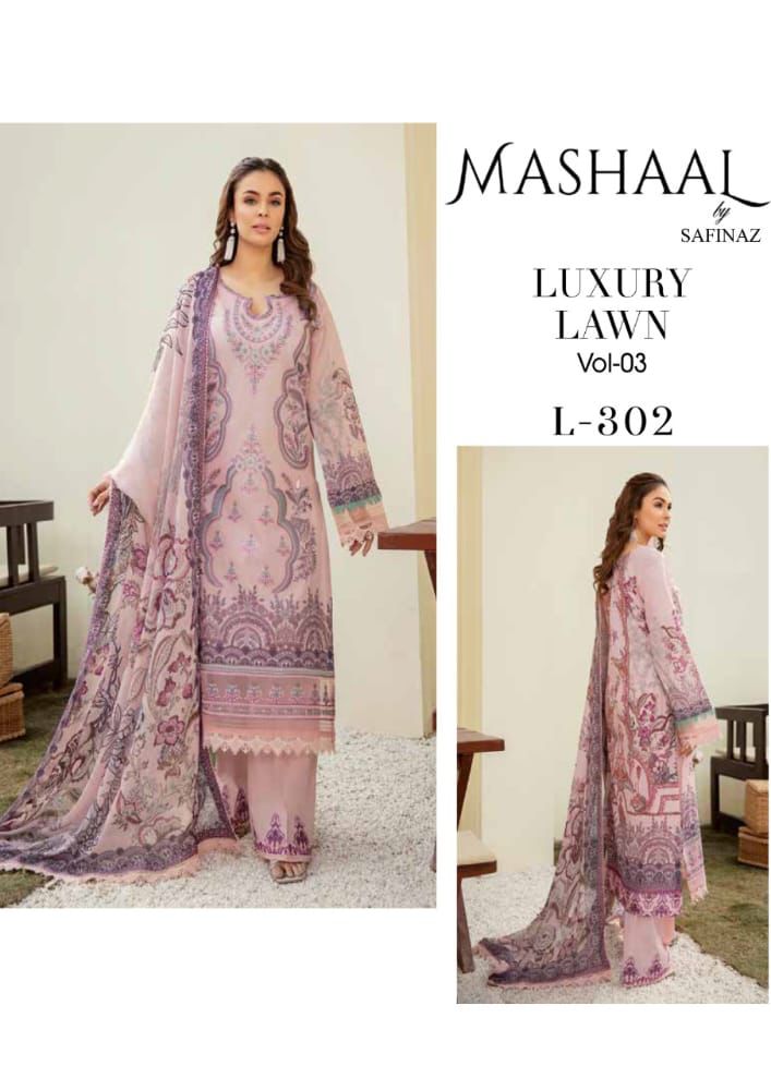 Safeenaz Mashaal Lawn Cotton Embroidered Pakistani Style Party Wear Salwar Suits