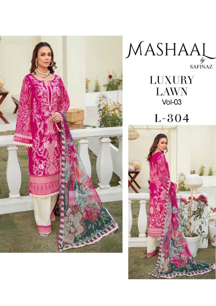 Safeenaz Mashaal Lawn Cotton Embroidered Pakistani Style Party Wear Salwar Suits