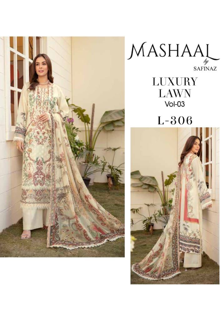 Safeenaz Mashaal Lawn Cotton Embroidered Pakistani Style Party Wear Salwar Suits