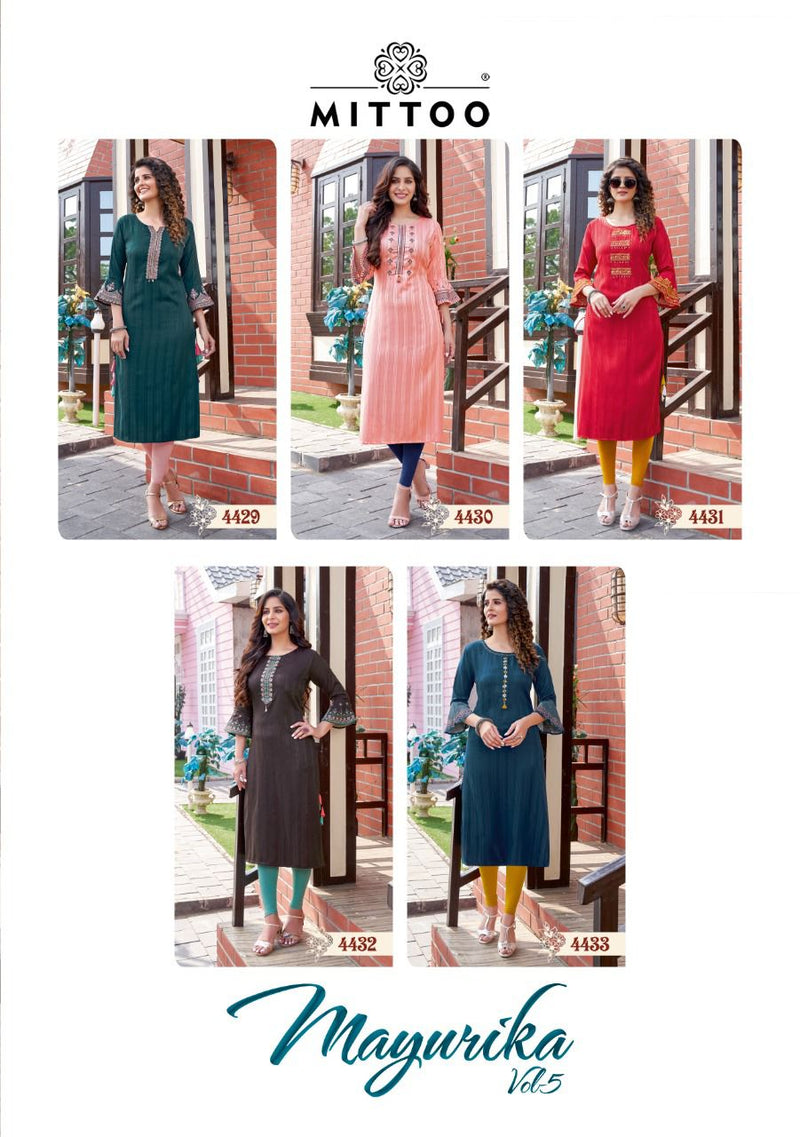 Mittoo Mayurika Vol 5 Rayon Stylish Fancy Party Wear Kurtis