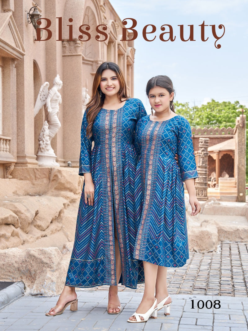 Banwery Fashion Me & Mom Vol 5 Rayon With Foil Printed Work Stylish Designer Fancy Long Kurti