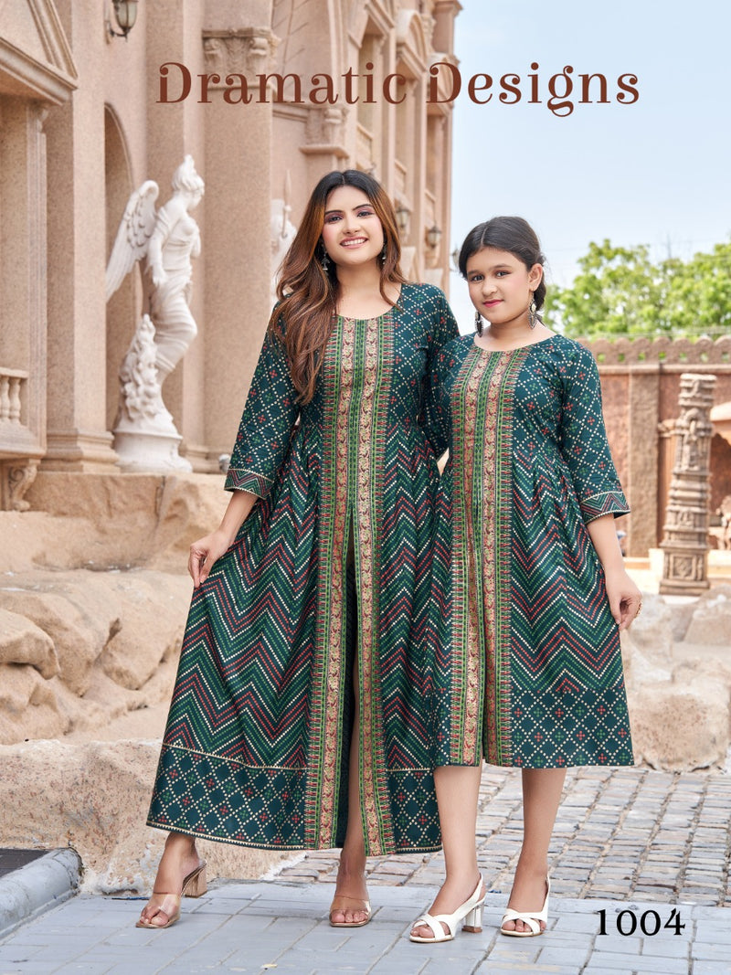 Banwery Fashion Me & Mom Vol 5 Rayon With Foil Printed Work Stylish Designer Fancy Long Kurti