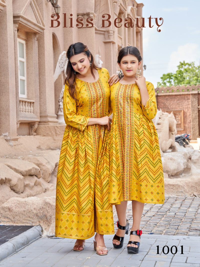 Banwery Fashion Me & Mom Vol 5 Rayon With Foil Printed Work Stylish Designer Fancy Long Kurti
