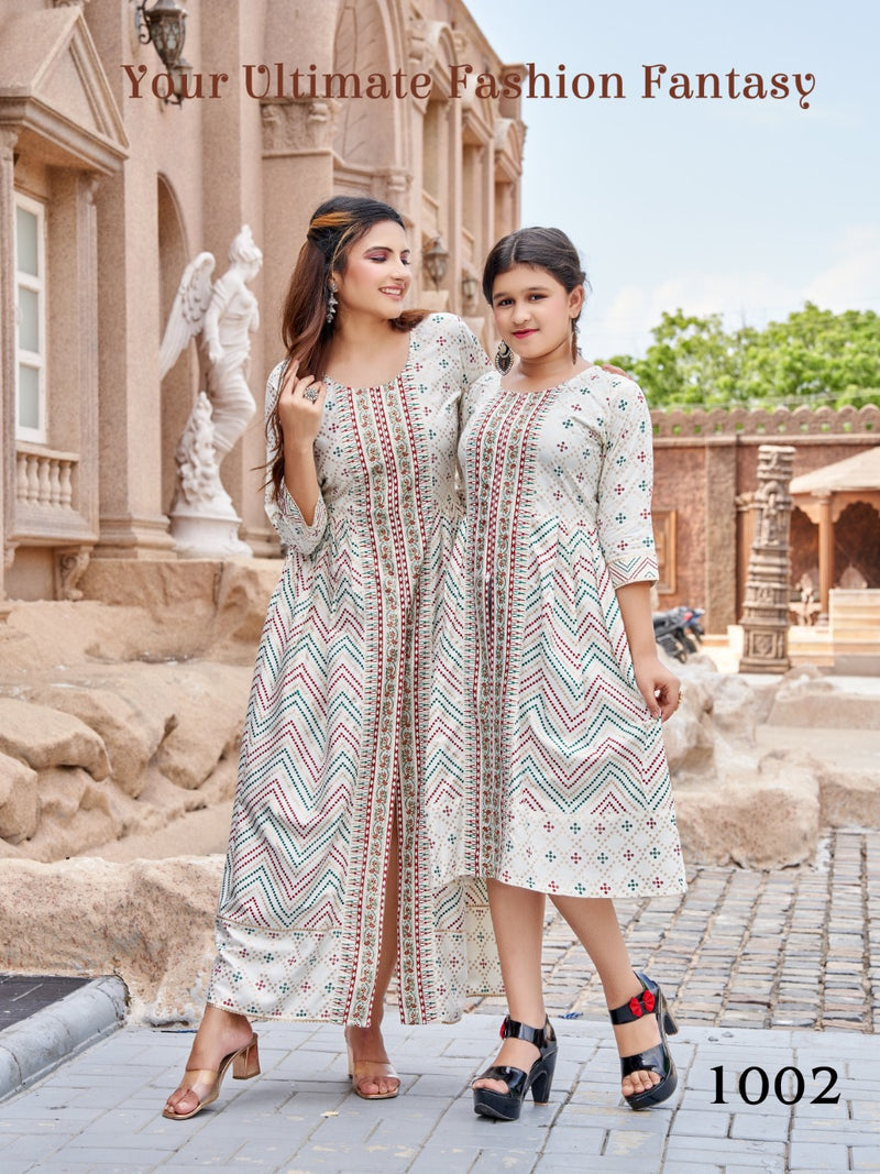 Banwery Fashion Me & Mom Vol 5 Rayon With Foil Printed Work Stylish Designer Fancy Long Kurti