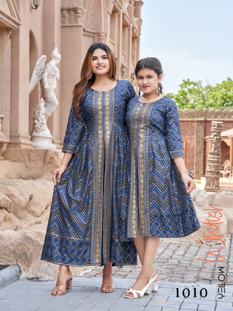 Banwery Fashion Me & Mom Vol 5 Rayon With Foil Printed Work Stylish Designer Fancy Long Kurti
