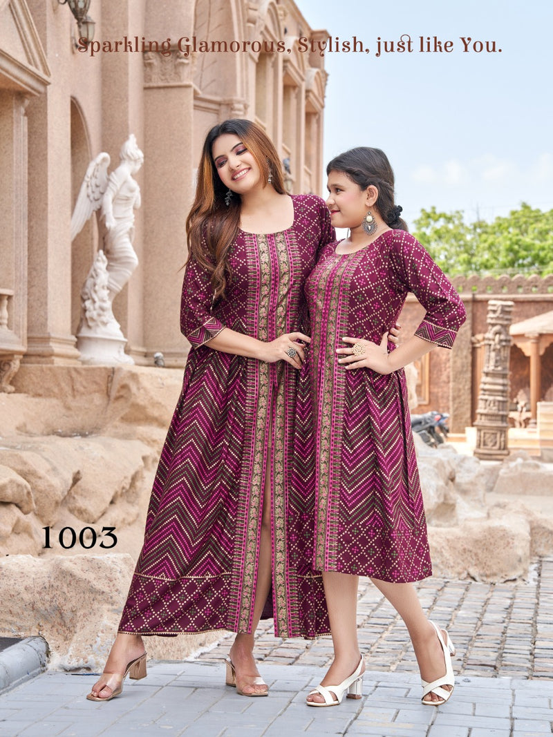 Banwery Fashion Me & Mom Vol 5 Rayon With Foil Printed Work Stylish Designer Fancy Long Kurti