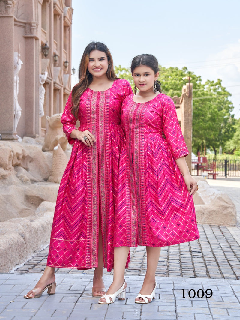 Banwery Fashion Me & Mom Vol 5 Rayon With Foil Printed Work Stylish Designer Fancy Long Kurti