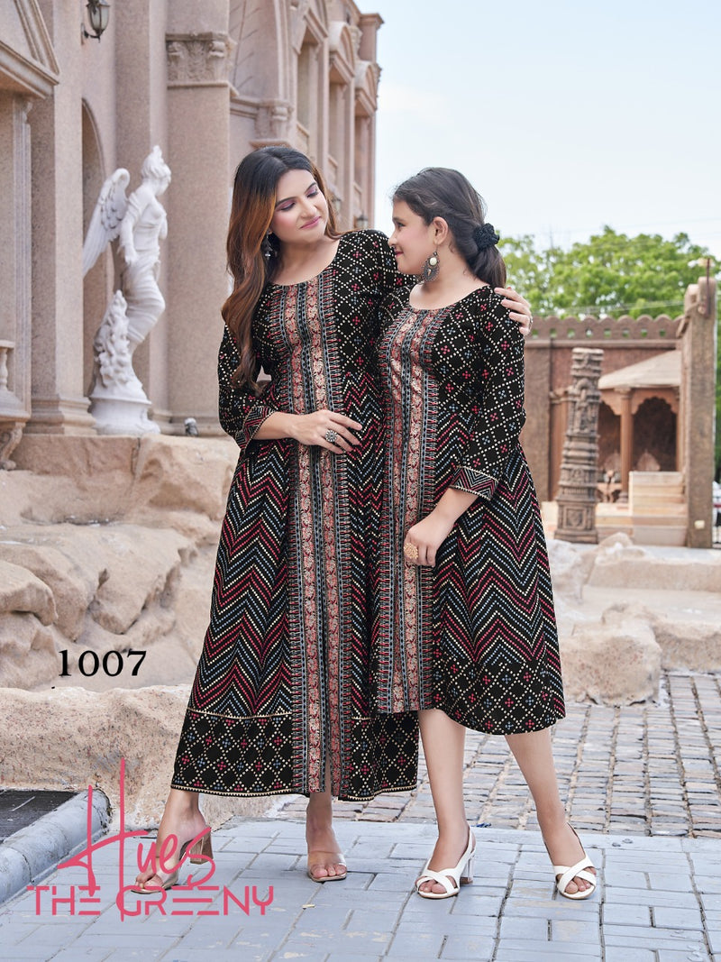 Banwery Fashion Me & Mom Vol 5 Rayon With Foil Printed Work Stylish Designer Fancy Long Kurti