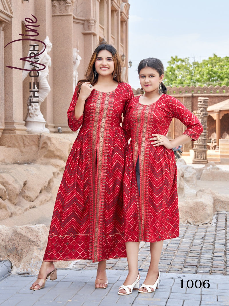 Banwery Fashion Me & Mom Vol 5 Rayon With Foil Printed Work Stylish Designer Fancy Long Kurti