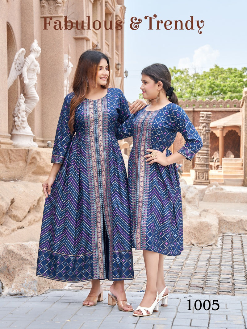 Banwery Fashion Me & Mom Vol 5 Rayon With Foil Printed Work Stylish Designer Fancy Long Kurti