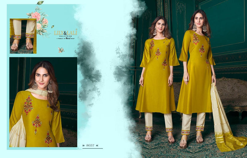 Lily & Lali Meera Pure Maslin A Line Stylish Party Wear Kurtis With Set Of Bottom & Dupatta