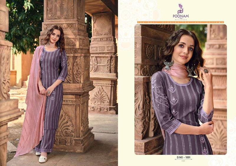 Poonam Designer Mehek Viscose Jacquard Party Wear Kurtis With Bottom And Dupatta