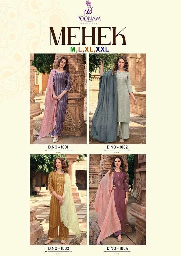 Poonam Designer Mehek Viscose Jacquard Party Wear Kurtis With Bottom And Dupatta