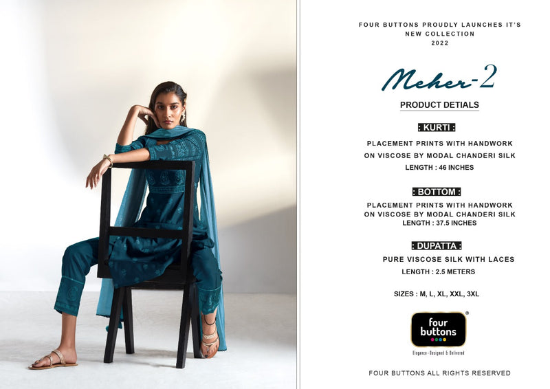 Four Buttons Meher Vol 2 Viscose Silk With Beautiful Work Stylish Designer Attractive Look Kurti