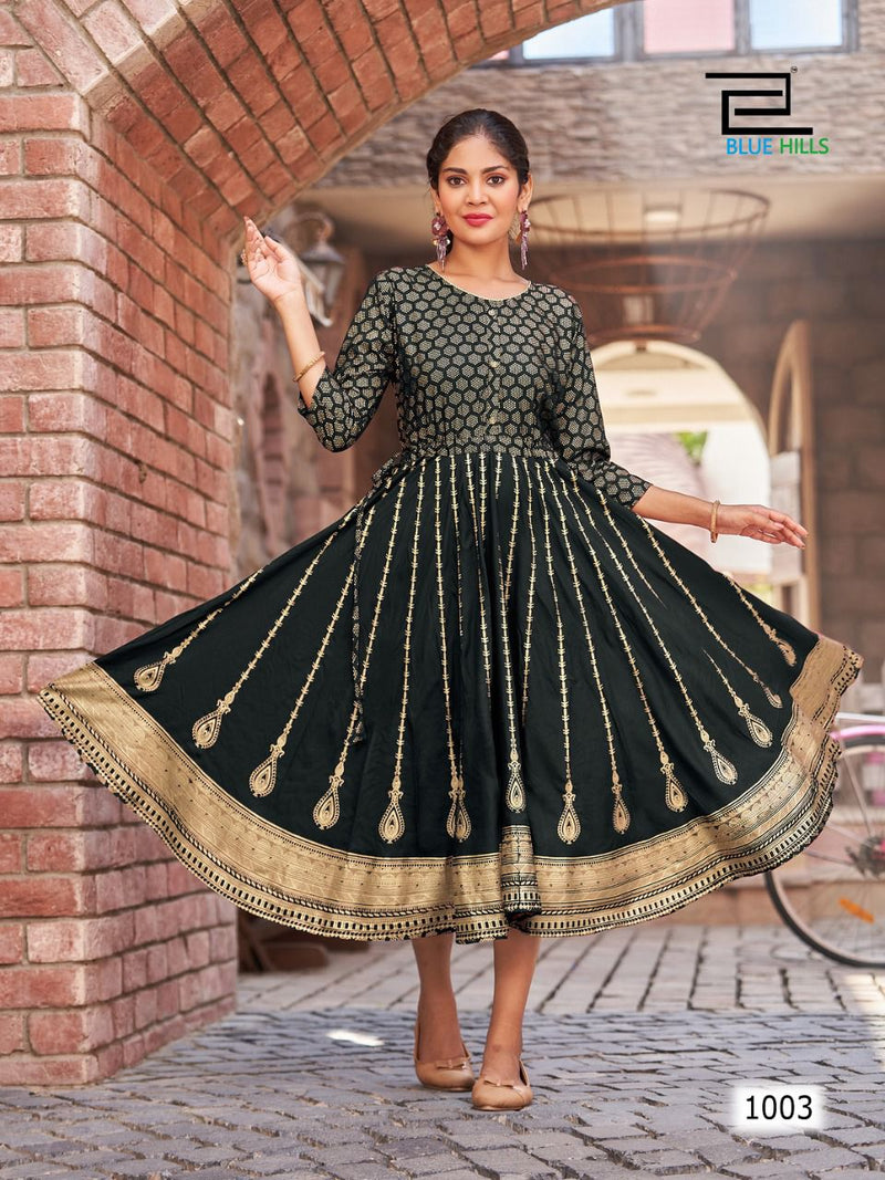 Blue Hills Melody Rayon With Fancy Printed Work Stylish Designer Attractive Look Long Gown
