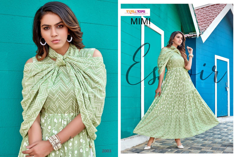 Tips & Tops Mimi Vol 2 Rayon Fancy Printed Gown Style Party Wear Kurtis With Dupatta