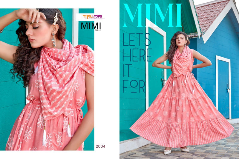 Tips & Tops Mimi Vol 2 Rayon Fancy Printed Gown Style Party Wear Kurtis With Dupatta