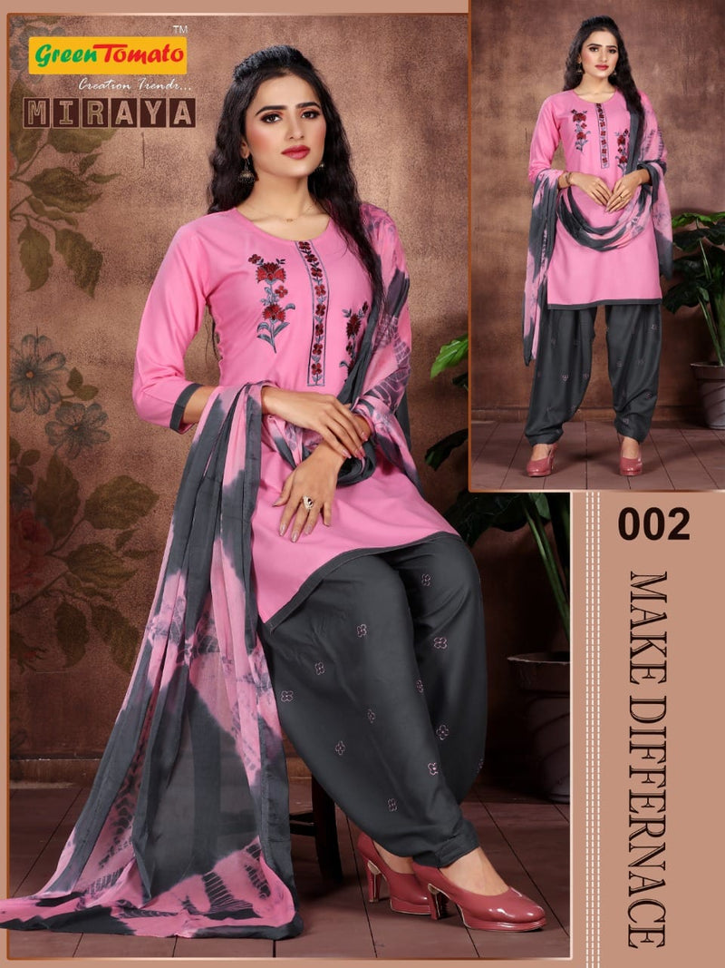Green Tomato Miraya Rayon Designer Embroidered Festive Wear Kurtis With Bottom & Dupatta