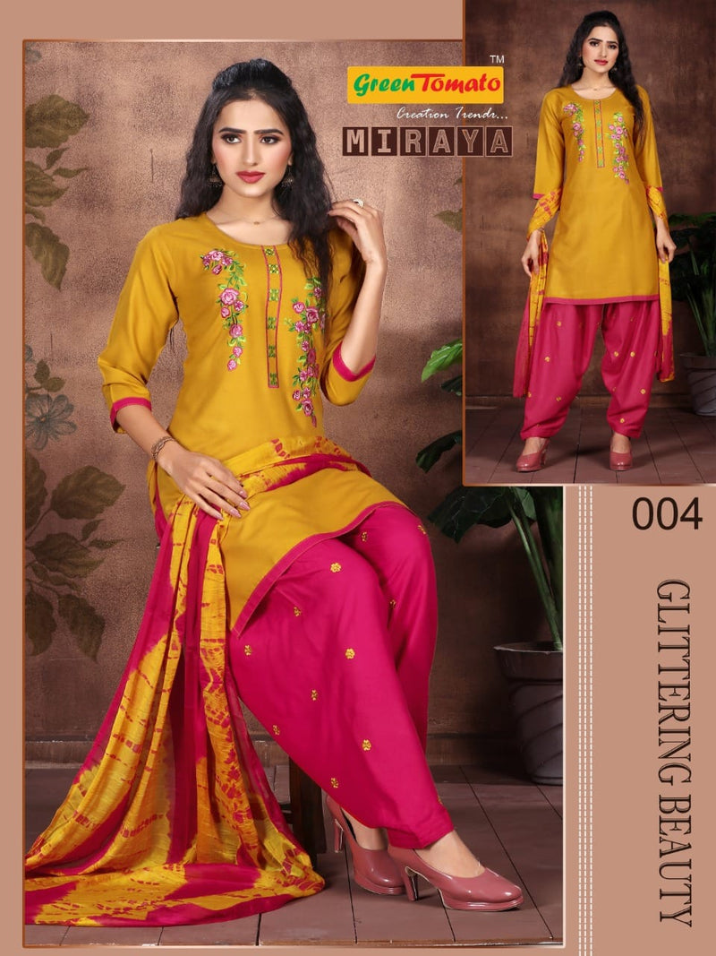 Green Tomato Miraya Rayon Designer Embroidered Festive Wear Kurtis With Bottom & Dupatta