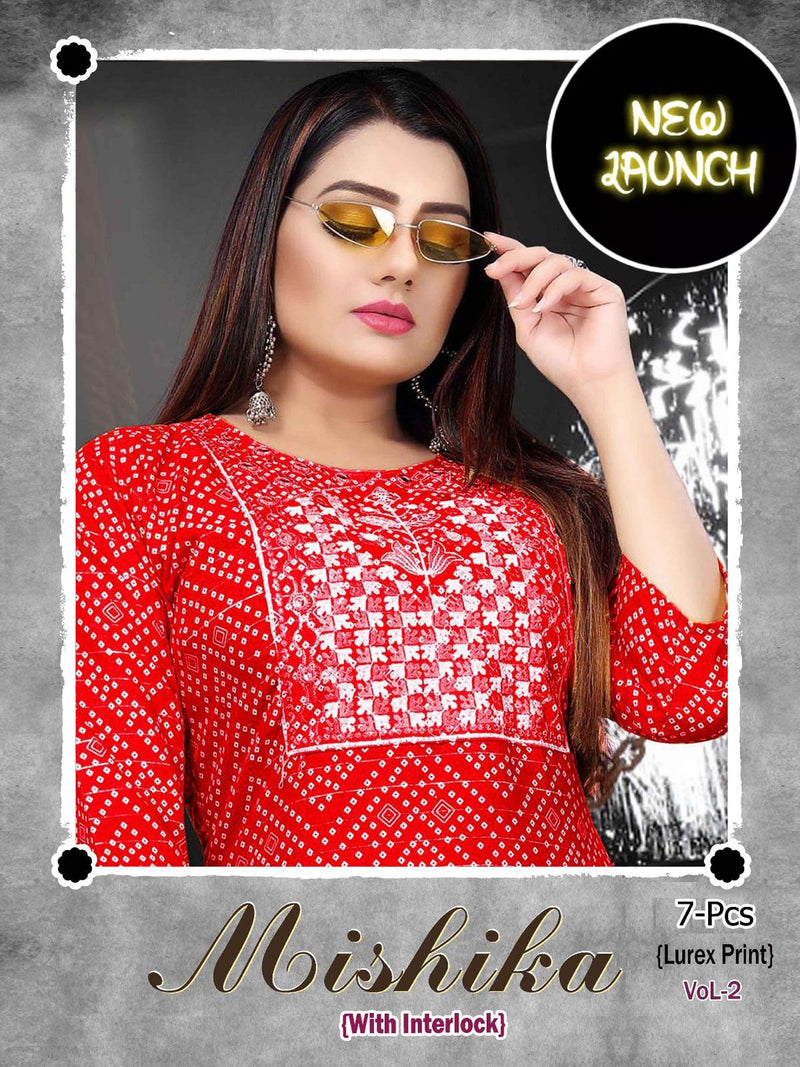 Golden Mishika Vol 2 Rayon Lurex With Fancy Prints Designer Party Wear Kurtis