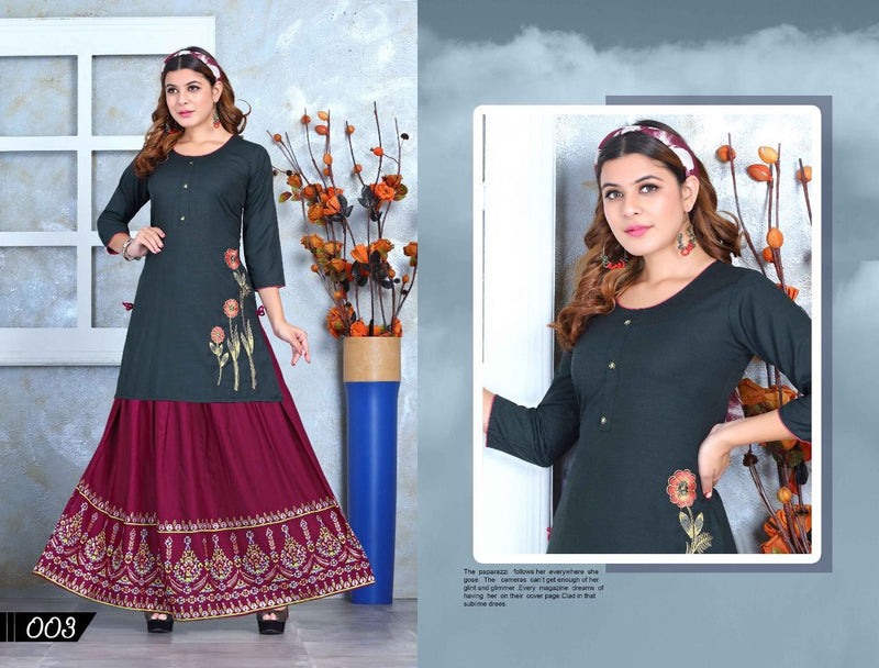 Beauty Queen Mishri Vol 2 Rayon Fancy Embroidered Party Wear Kurtis With Skirt