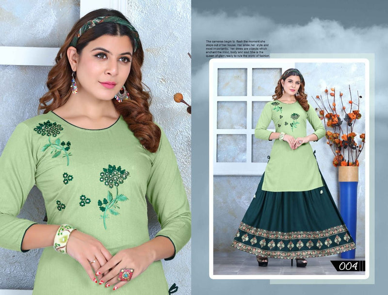 Beauty Queen Mishri Vol 2 Rayon Fancy Embroidered Party Wear Kurtis With Skirt