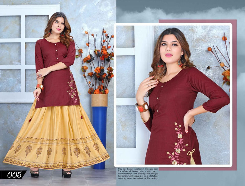 Beauty Queen Mishri Vol 2 Rayon Fancy Embroidered Party Wear Kurtis With Skirt