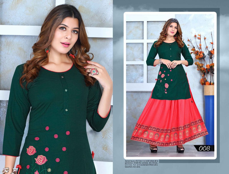 Beauty Queen Mishri Vol 2 Rayon Fancy Embroidered Party Wear Kurtis With Skirt