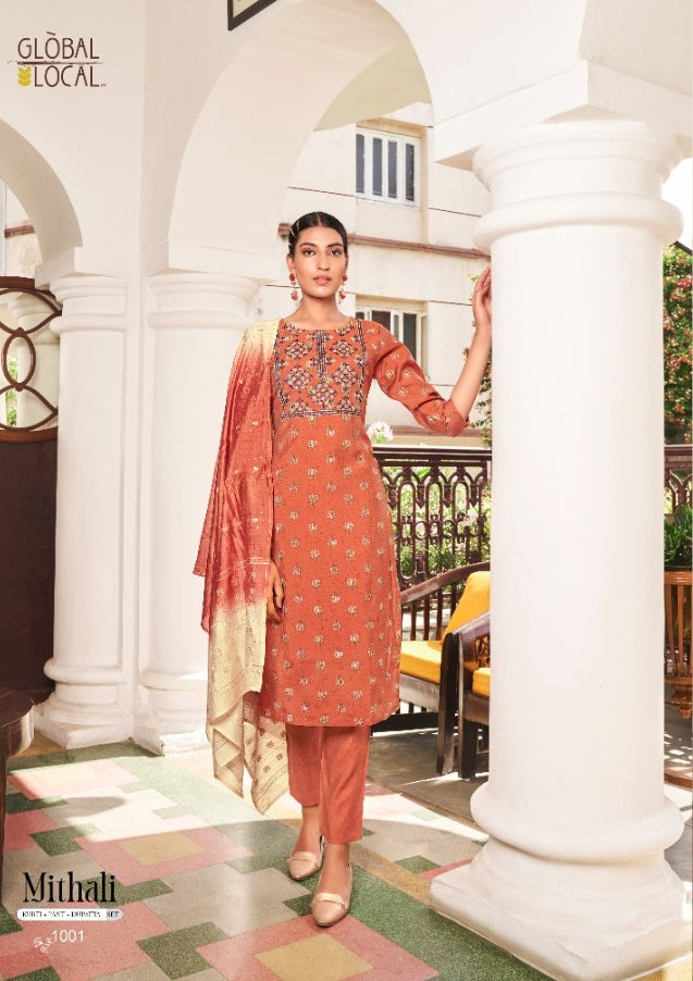 Global Local Mithali Chanderi Silk Foil Printed Party Wear Embroidered Kurtis With Bottom & Dupatta