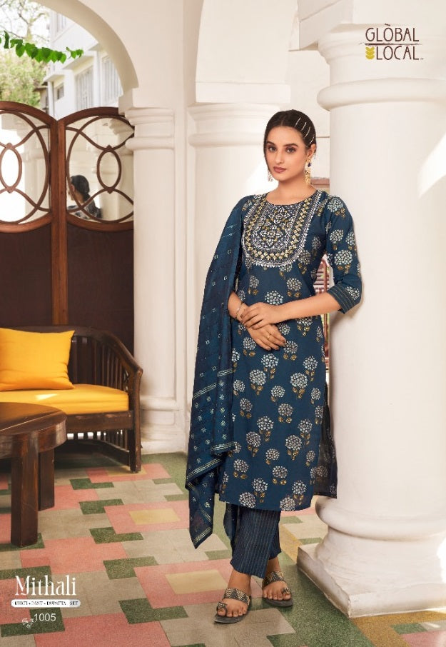 Global Local Mithali Chanderi Silk Foil Printed Party Wear Embroidered Kurtis With Bottom & Dupatta