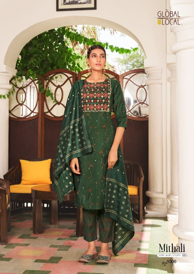Global Local Mithali Chanderi Silk Foil Printed Party Wear Embroidered Kurtis With Bottom & Dupatta