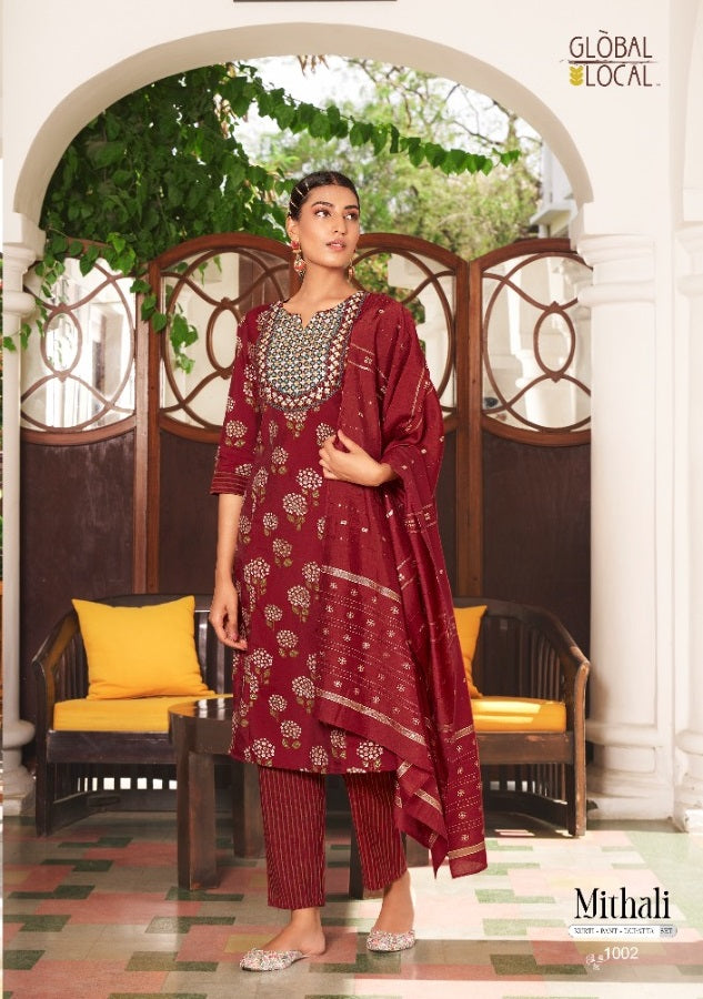 Global Local Mithali Chanderi Silk Foil Printed Party Wear Embroidered Kurtis With Bottom & Dupatta