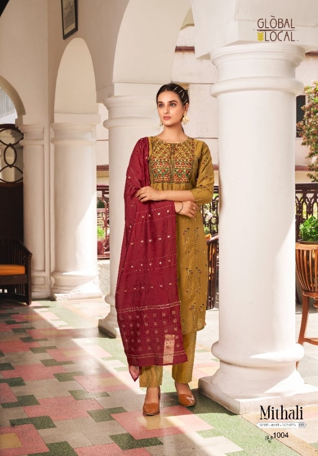 Global Local Mithali Chanderi Silk Foil Printed Party Wear Embroidered Kurtis With Bottom & Dupatta