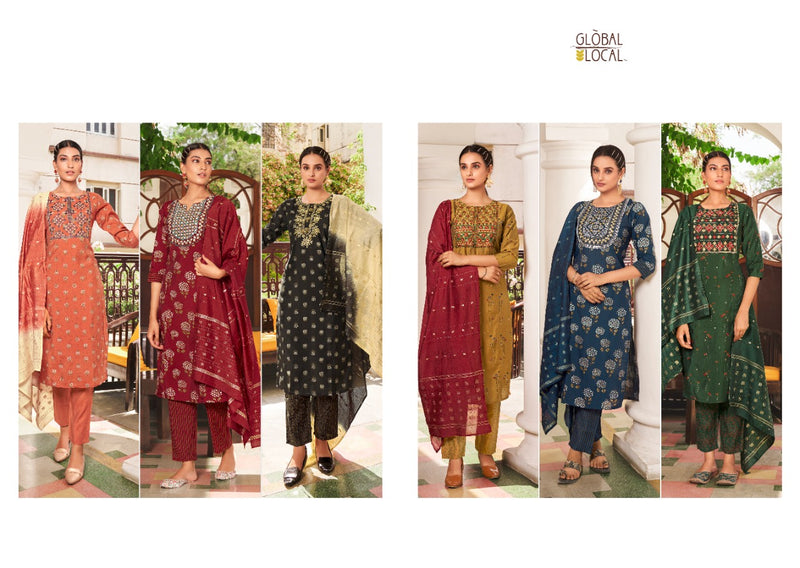 Global Local Mithali Chanderi Silk Foil Printed Party Wear Embroidered Kurtis With Bottom & Dupatta